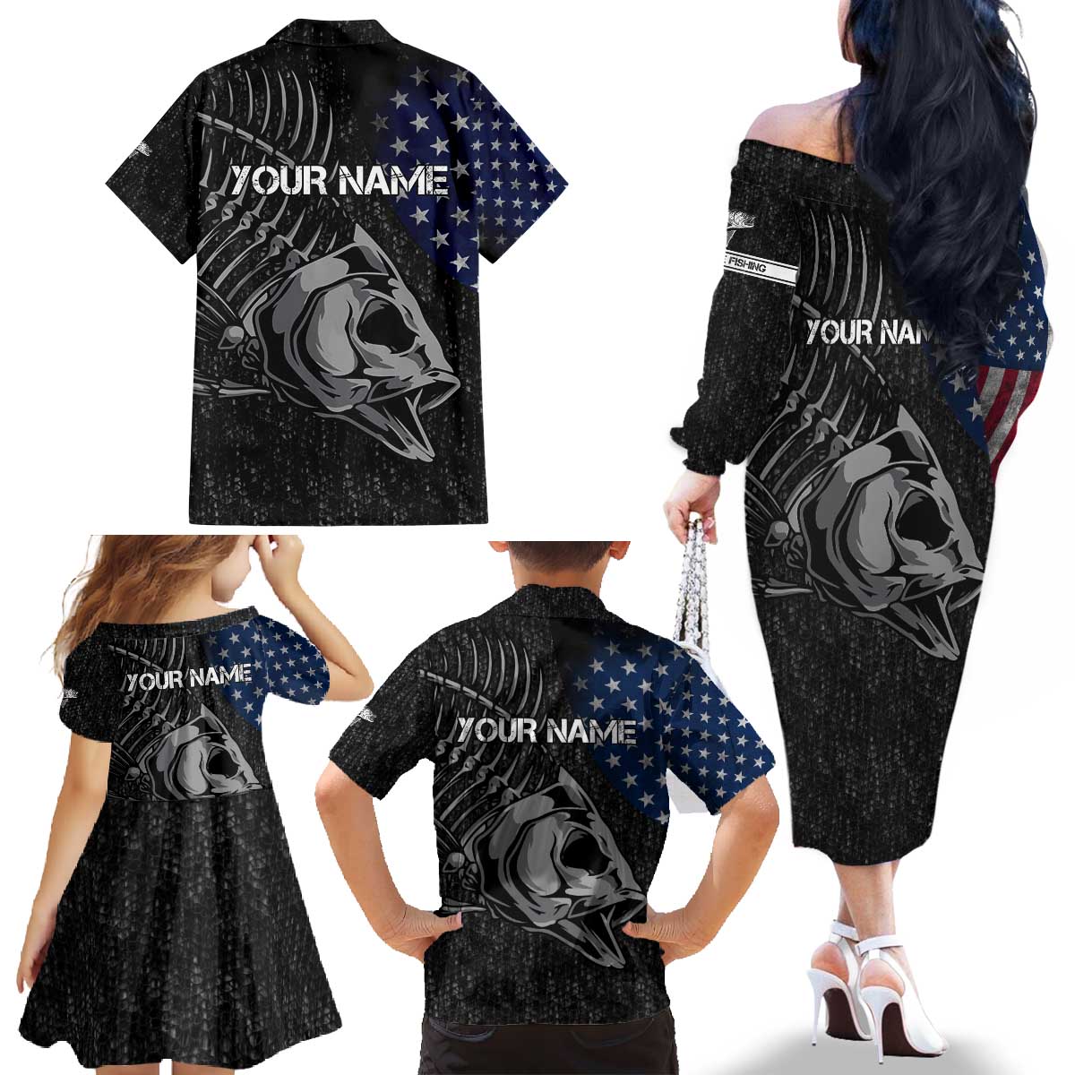 Walleye Fishing Skeleton Personalized Family Matching Off The Shoulder Long Sleeve Dress and Hawaiian Shirt Grunge American Flag and Realistic Fish Graphic - Wonder Print Shop