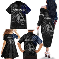Walleye Fishing Skeleton Personalized Family Matching Off The Shoulder Long Sleeve Dress and Hawaiian Shirt Grunge American Flag and Realistic Fish Graphic - Wonder Print Shop