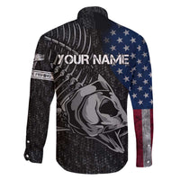 Walleye Fishing Skeleton Personalized Family Matching Off The Shoulder Long Sleeve Dress and Hawaiian Shirt Grunge American Flag and Realistic Fish Graphic - Wonder Print Shop