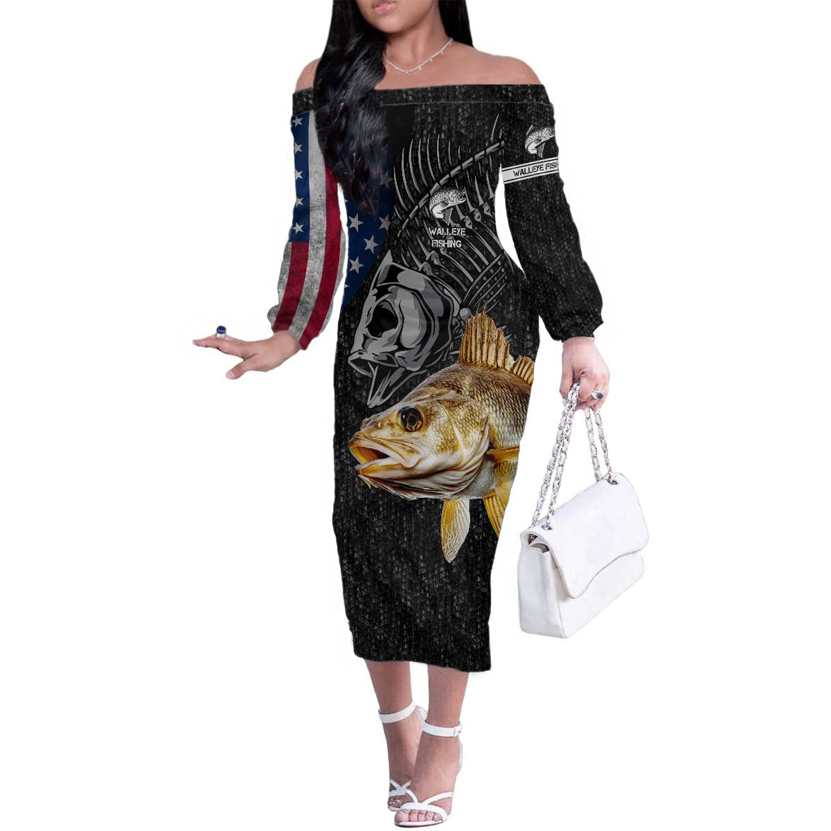 Walleye Fishing Skeleton Personalized Family Matching Off The Shoulder Long Sleeve Dress and Hawaiian Shirt Grunge American Flag and Realistic Fish Graphic - Wonder Print Shop