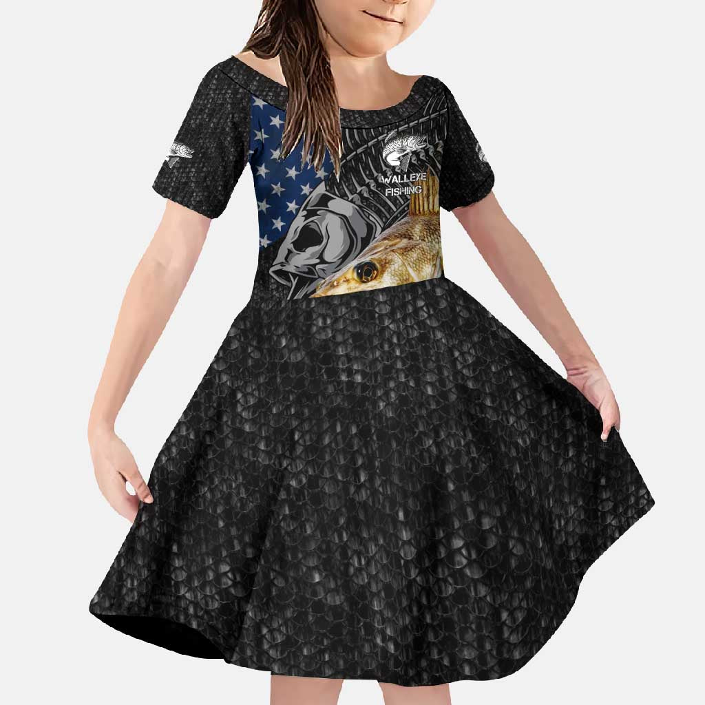 Walleye Fishing Skeleton Personalized Family Matching Off Shoulder Maxi Dress and Hawaiian Shirt Grunge American Flag and Realistic Fish Graphic - Wonder Print Shop