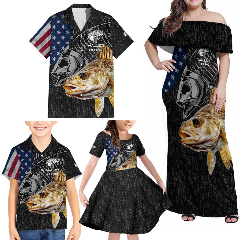 Walleye Fishing Skeleton Personalized Family Matching Off Shoulder Maxi Dress and Hawaiian Shirt Grunge American Flag and Realistic Fish Graphic - Wonder Print Shop