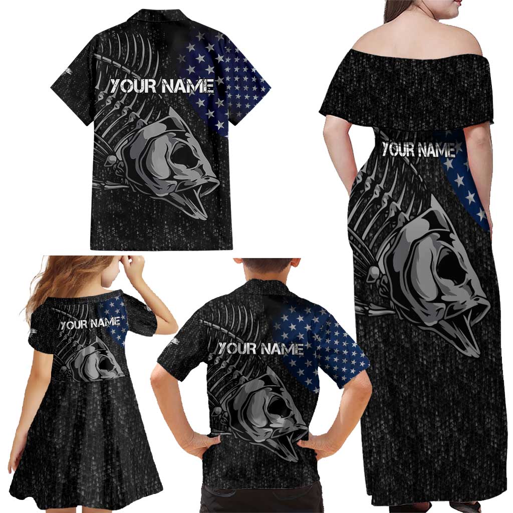 Walleye Fishing Skeleton Personalized Family Matching Off Shoulder Maxi Dress and Hawaiian Shirt Grunge American Flag and Realistic Fish Graphic - Wonder Print Shop