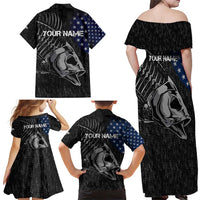 Walleye Fishing Skeleton Personalized Family Matching Off Shoulder Maxi Dress and Hawaiian Shirt Grunge American Flag and Realistic Fish Graphic - Wonder Print Shop