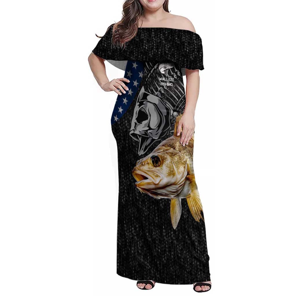 Walleye Fishing Skeleton Personalized Family Matching Off Shoulder Maxi Dress and Hawaiian Shirt Grunge American Flag and Realistic Fish Graphic - Wonder Print Shop