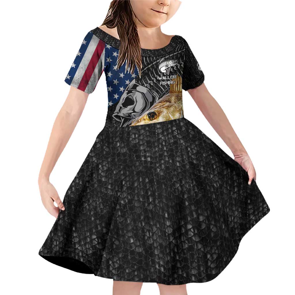 Walleye Fishing Skeleton Personalized Family Matching Off Shoulder Short Dress and Hawaiian Shirt Grunge American Flag and Realistic Fish Graphic - Wonder Print Shop