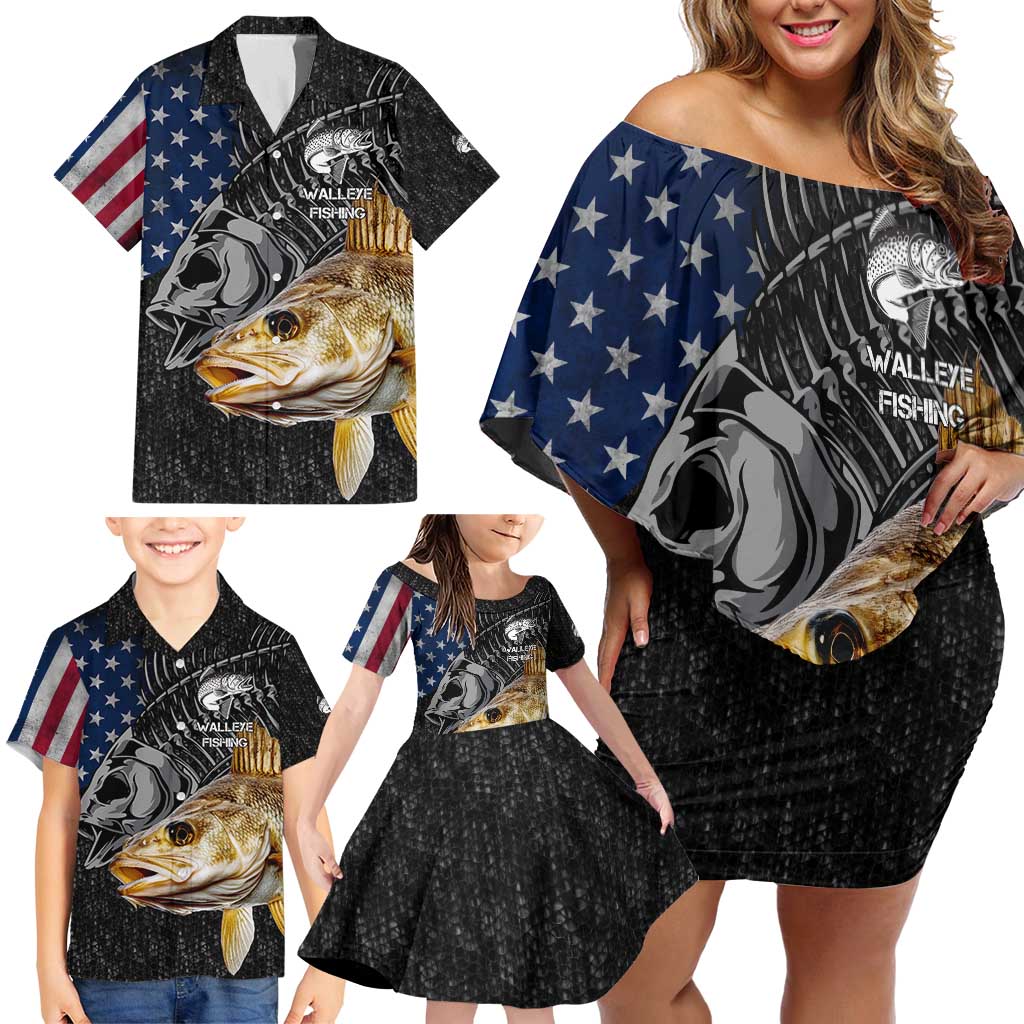 Walleye Fishing Skeleton Personalized Family Matching Off Shoulder Short Dress and Hawaiian Shirt Grunge American Flag and Realistic Fish Graphic - Wonder Print Shop