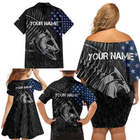 Walleye Fishing Skeleton Personalized Family Matching Off Shoulder Short Dress and Hawaiian Shirt Grunge American Flag and Realistic Fish Graphic - Wonder Print Shop