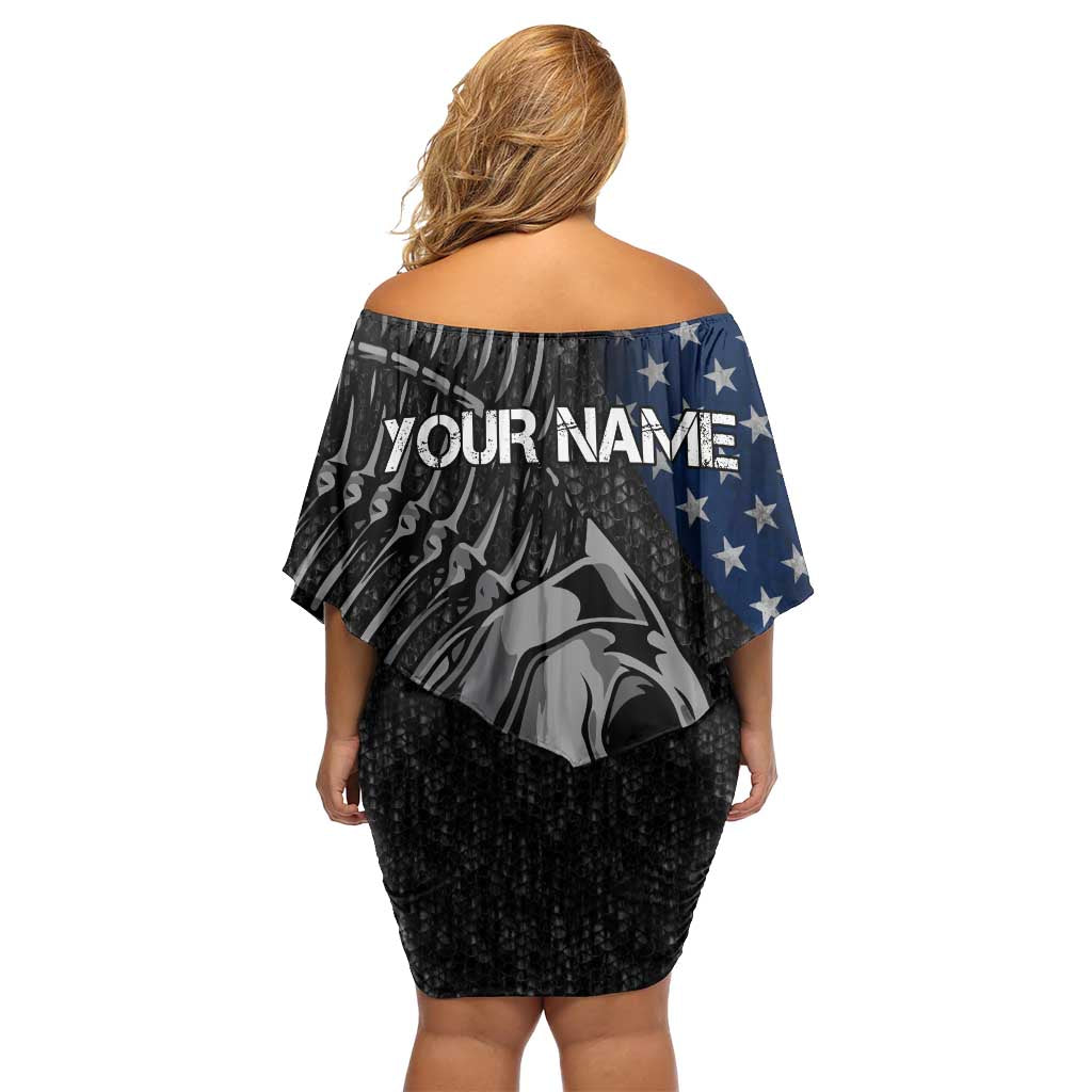 Walleye Fishing Skeleton Personalized Family Matching Off Shoulder Short Dress and Hawaiian Shirt Grunge American Flag and Realistic Fish Graphic - Wonder Print Shop