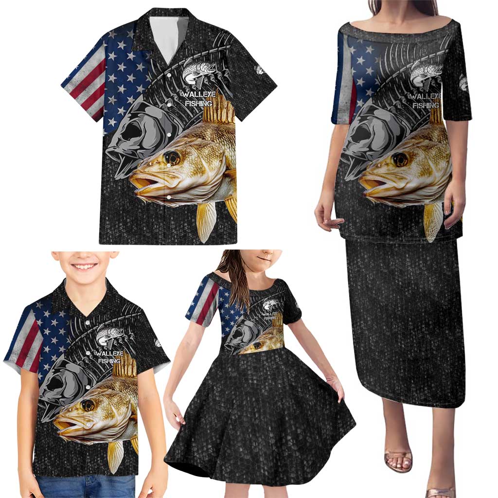 Walleye Fishing Skeleton Personalized Family Matching Puletasi and Hawaiian Shirt Grunge American Flag and Realistic Fish Graphic - Wonder Print Shop