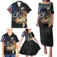 Walleye Fishing Skeleton Personalized Family Matching Puletasi and Hawaiian Shirt Grunge American Flag and Realistic Fish Graphic - Wonder Print Shop