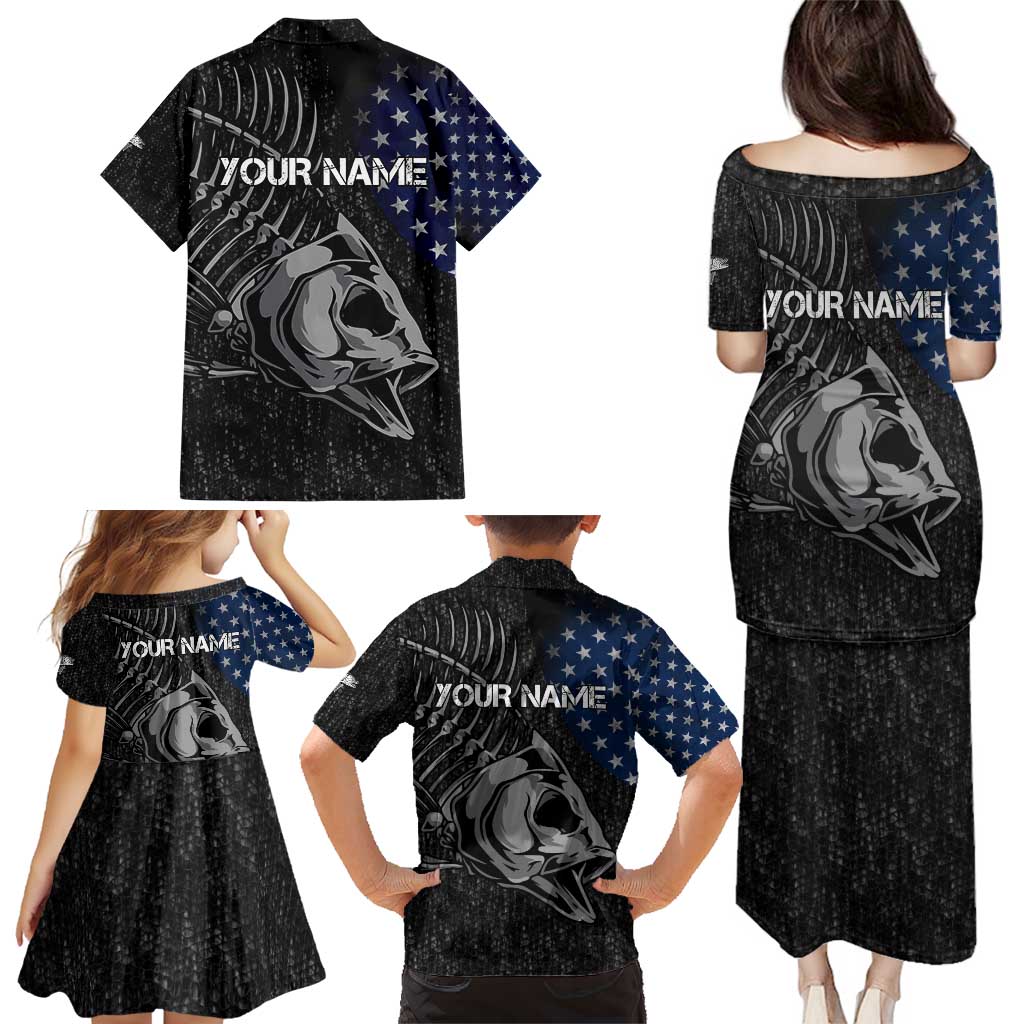 Walleye Fishing Skeleton Personalized Family Matching Puletasi and Hawaiian Shirt Grunge American Flag and Realistic Fish Graphic - Wonder Print Shop