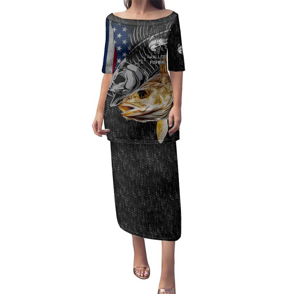 Walleye Fishing Skeleton Personalized Family Matching Puletasi and Hawaiian Shirt Grunge American Flag and Realistic Fish Graphic - Wonder Print Shop