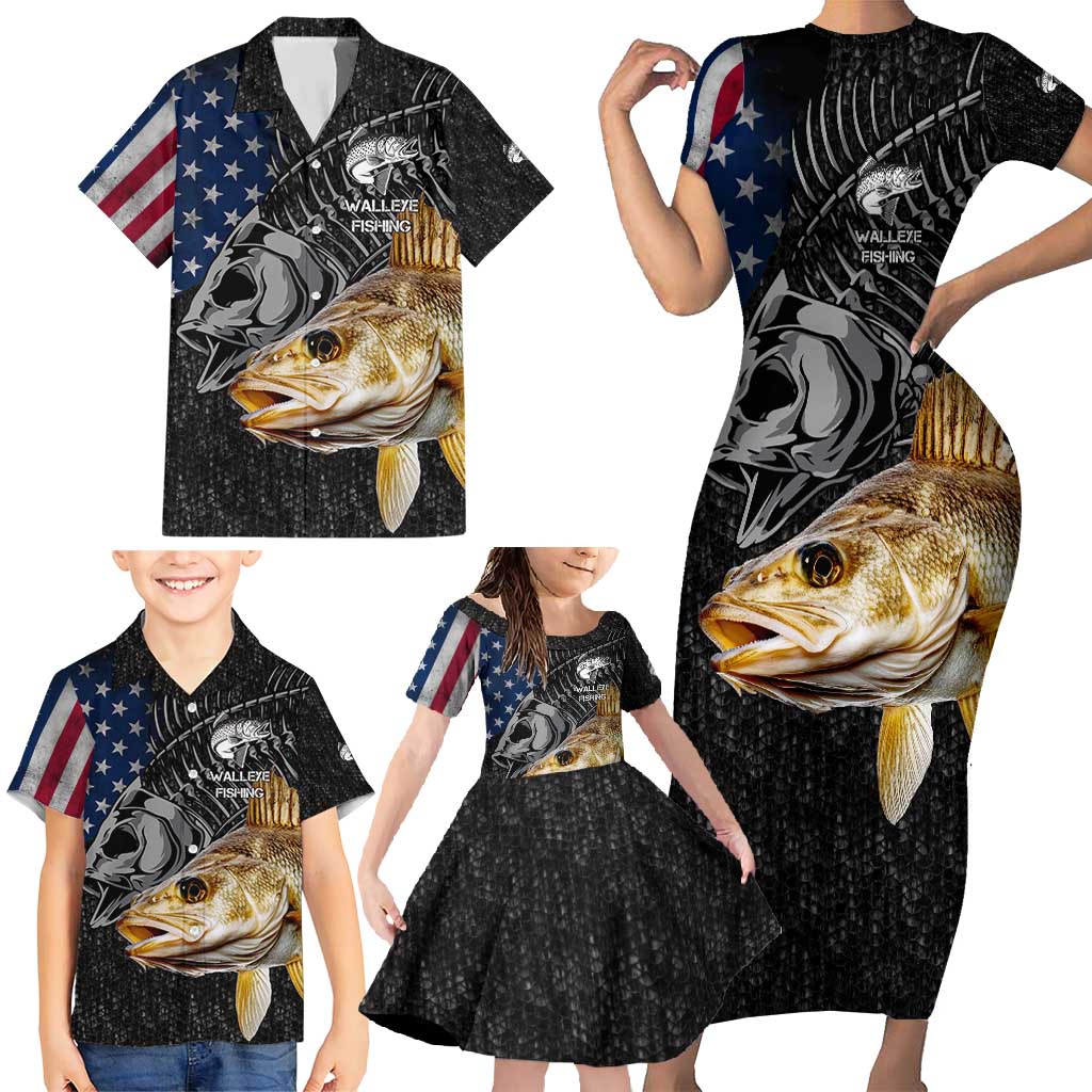 Walleye Fishing Skeleton Personalized Family Matching Short Sleeve Bodycon Dress and Hawaiian Shirt Grunge American Flag and Realistic Fish Graphic - Wonder Print Shop