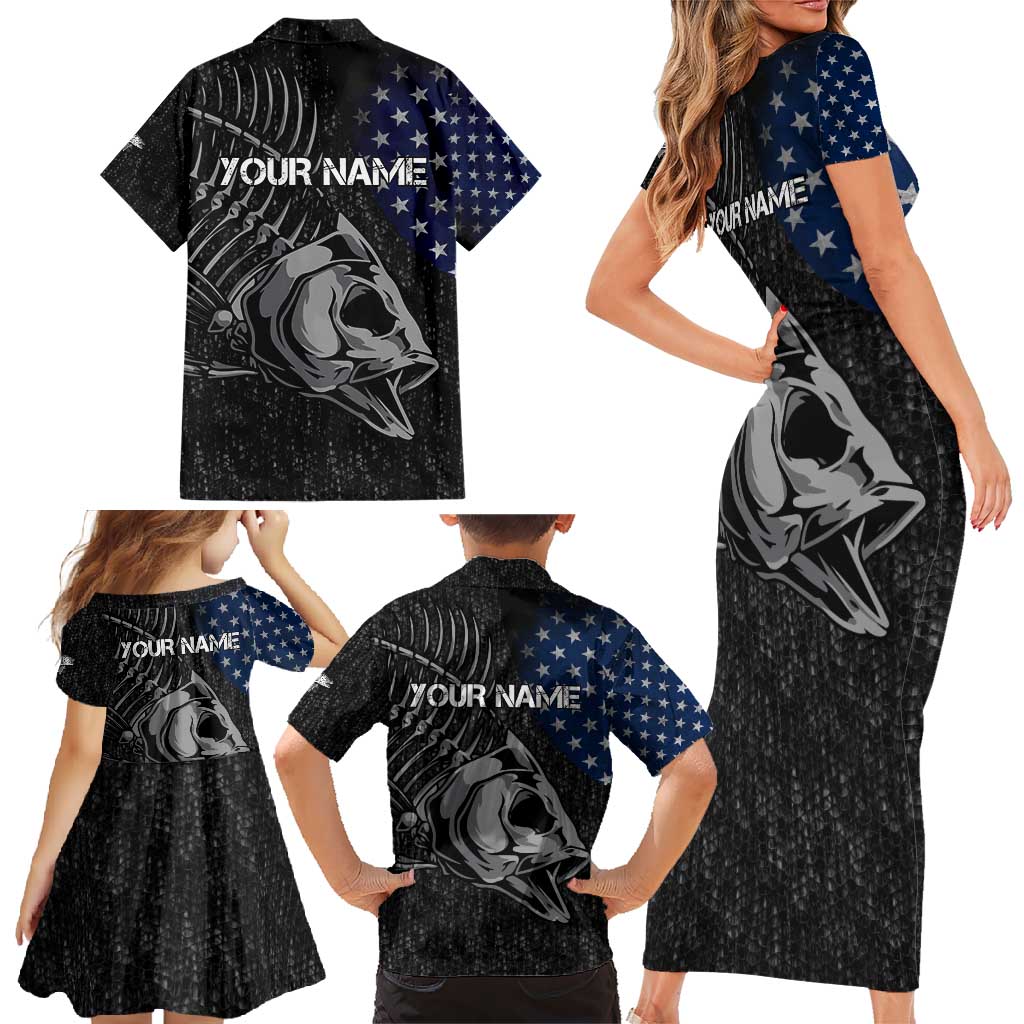 Walleye Fishing Skeleton Personalized Family Matching Short Sleeve Bodycon Dress and Hawaiian Shirt Grunge American Flag and Realistic Fish Graphic - Wonder Print Shop