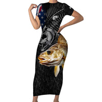 Walleye Fishing Skeleton Personalized Family Matching Short Sleeve Bodycon Dress and Hawaiian Shirt Grunge American Flag and Realistic Fish Graphic - Wonder Print Shop