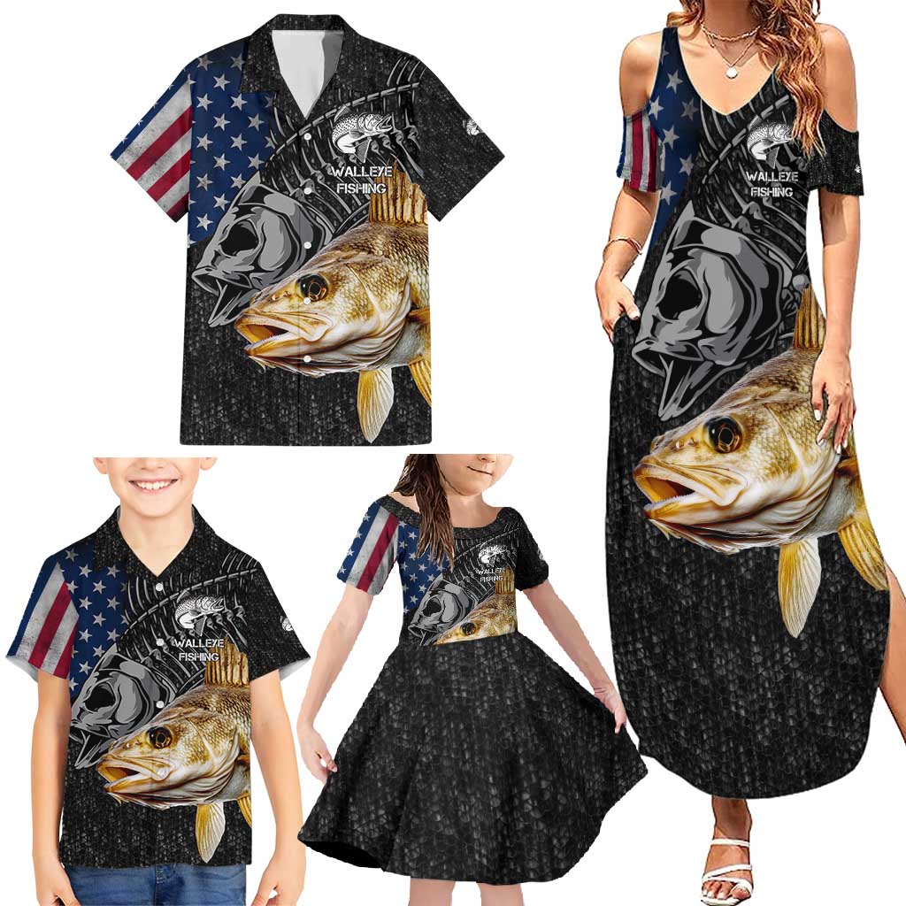 Walleye Fishing Skeleton Personalized Family Matching Summer Maxi Dress and Hawaiian Shirt Grunge American Flag and Realistic Fish Graphic - Wonder Print Shop