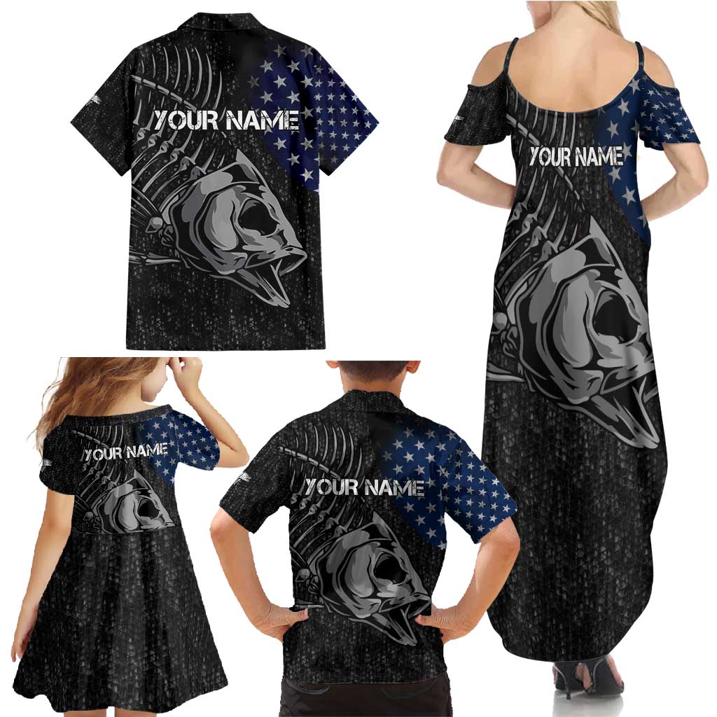 Walleye Fishing Skeleton Personalized Family Matching Summer Maxi Dress and Hawaiian Shirt Grunge American Flag and Realistic Fish Graphic - Wonder Print Shop