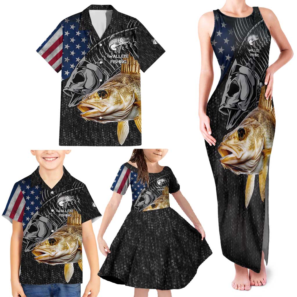 Walleye Fishing Skeleton Personalized Family Matching Tank Maxi Dress and Hawaiian Shirt Grunge American Flag and Realistic Fish Graphic - Wonder Print Shop