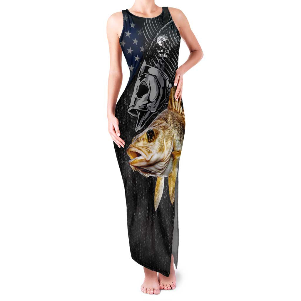 Walleye Fishing Skeleton Personalized Family Matching Tank Maxi Dress and Hawaiian Shirt Grunge American Flag and Realistic Fish Graphic - Wonder Print Shop