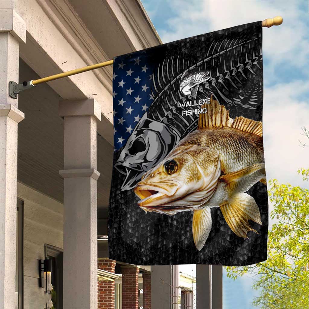 Walleye Fishing Skeleton Personalized Garden Flag Grunge American Flag and Realistic Fish Graphic - Wonder Print Shop