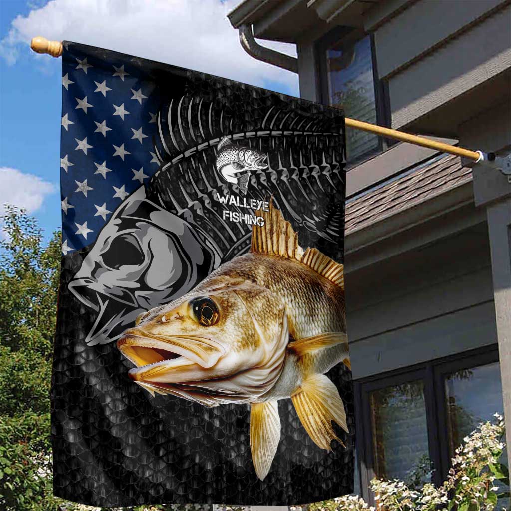 Walleye Fishing Skeleton Personalized Garden Flag Grunge American Flag and Realistic Fish Graphic - Wonder Print Shop