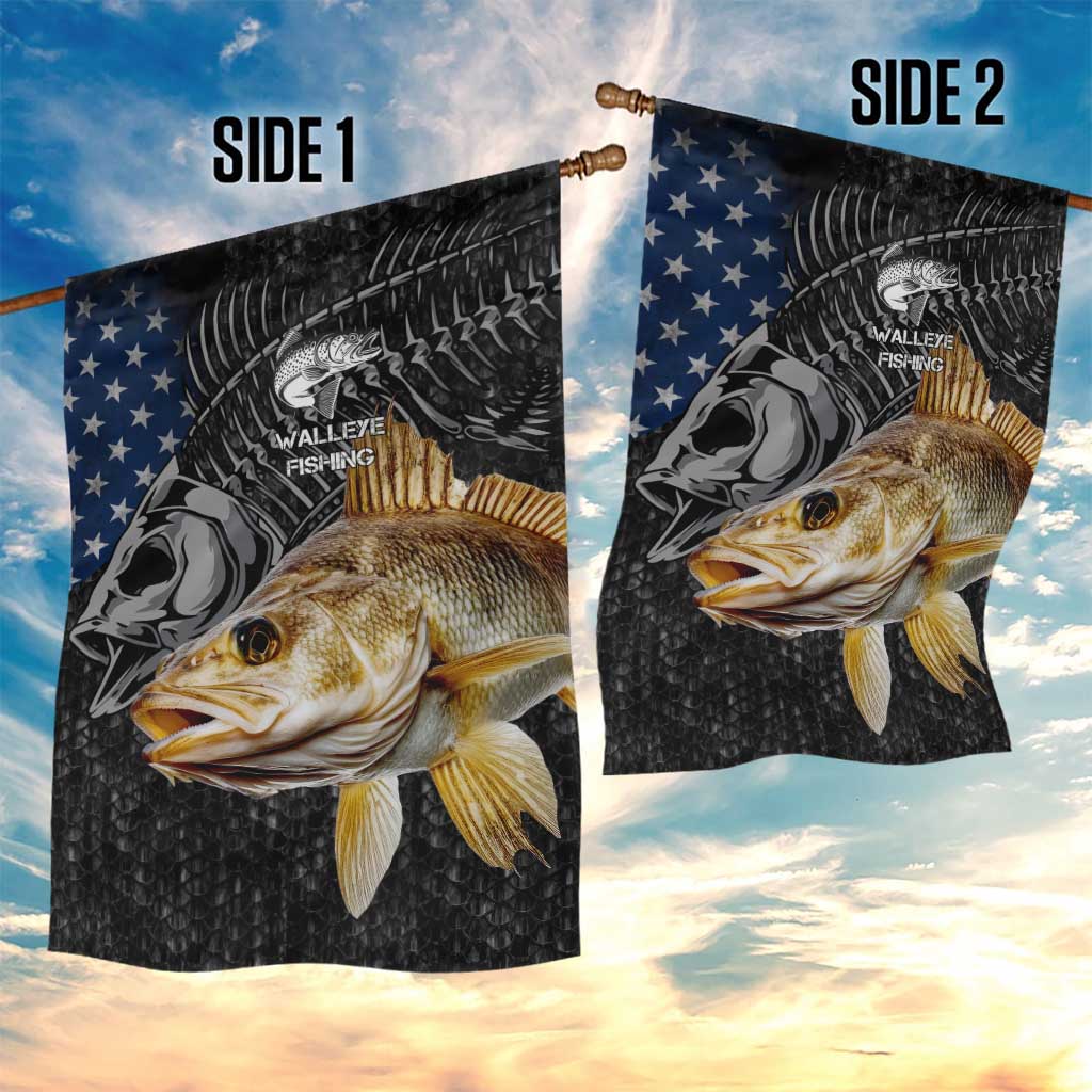 Walleye Fishing Skeleton Personalized Garden Flag Grunge American Flag and Realistic Fish Graphic - Wonder Print Shop