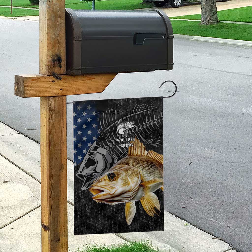 Walleye Fishing Skeleton Personalized Garden Flag Grunge American Flag and Realistic Fish Graphic - Wonder Print Shop