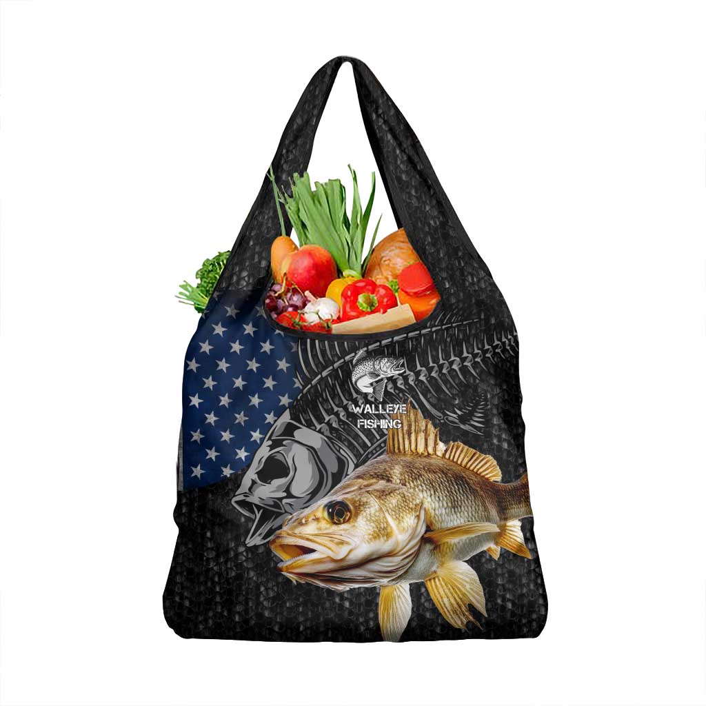 Walleye Fishing Skeleton Personalized Grocery Bag Grunge American Flag and Realistic Fish Graphic - Wonder Print Shop
