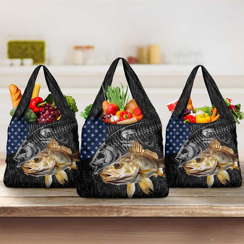 Walleye Fishing Skeleton Personalized Grocery Bag Grunge American Flag and Realistic Fish Graphic - Wonder Print Shop