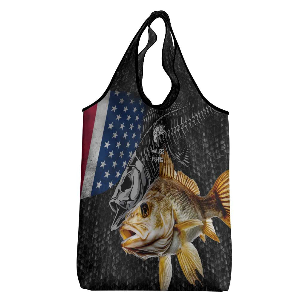 Walleye Fishing Skeleton Personalized Grocery Bag Grunge American Flag and Realistic Fish Graphic - Wonder Print Shop