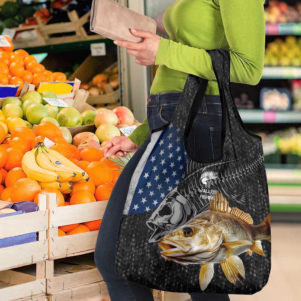 Walleye Fishing Skeleton Personalized Grocery Bag Grunge American Flag and Realistic Fish Graphic - Wonder Print Shop