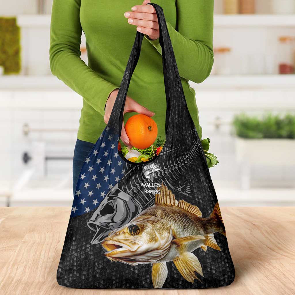 Walleye Fishing Skeleton Personalized Grocery Bag Grunge American Flag and Realistic Fish Graphic - Wonder Print Shop