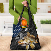 Walleye Fishing Skeleton Personalized Grocery Bag Grunge American Flag and Realistic Fish Graphic - Wonder Print Shop