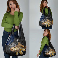 Walleye Fishing Skeleton Personalized Grocery Bag Grunge American Flag and Realistic Fish Graphic - Wonder Print Shop