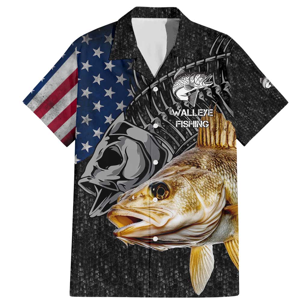 Walleye Fishing Skeleton Personalized Hawaiian Shirt Grunge American Flag and Realistic Fish Graphic - Wonder Print Shop