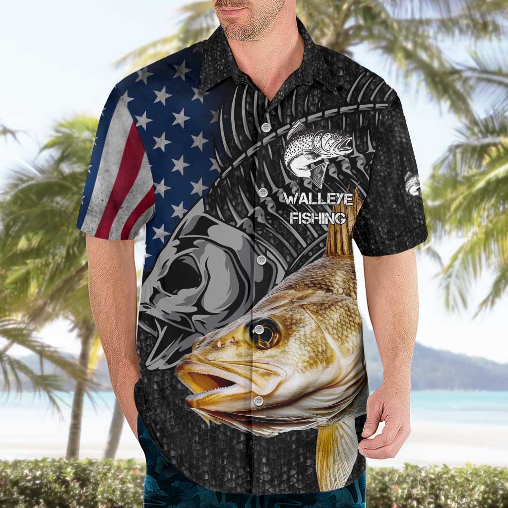 Walleye Fishing Skeleton Personalized Hawaiian Shirt Grunge American Flag and Realistic Fish Graphic - Wonder Print Shop