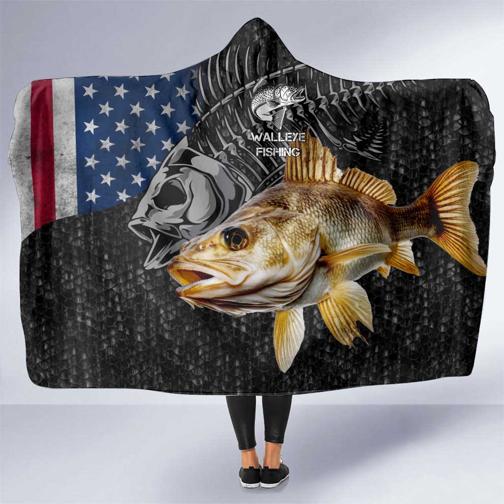 Walleye Fishing Skeleton Personalized Hooded Blanket Grunge American Flag and Realistic Fish Graphic - Wonder Print Shop