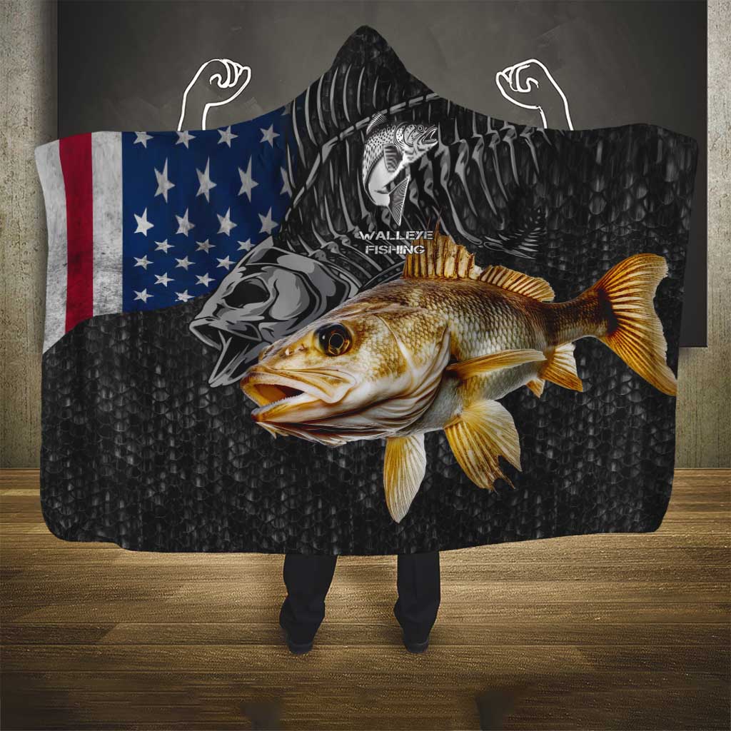 Walleye Fishing Skeleton Personalized Hooded Blanket Grunge American Flag and Realistic Fish Graphic - Wonder Print Shop