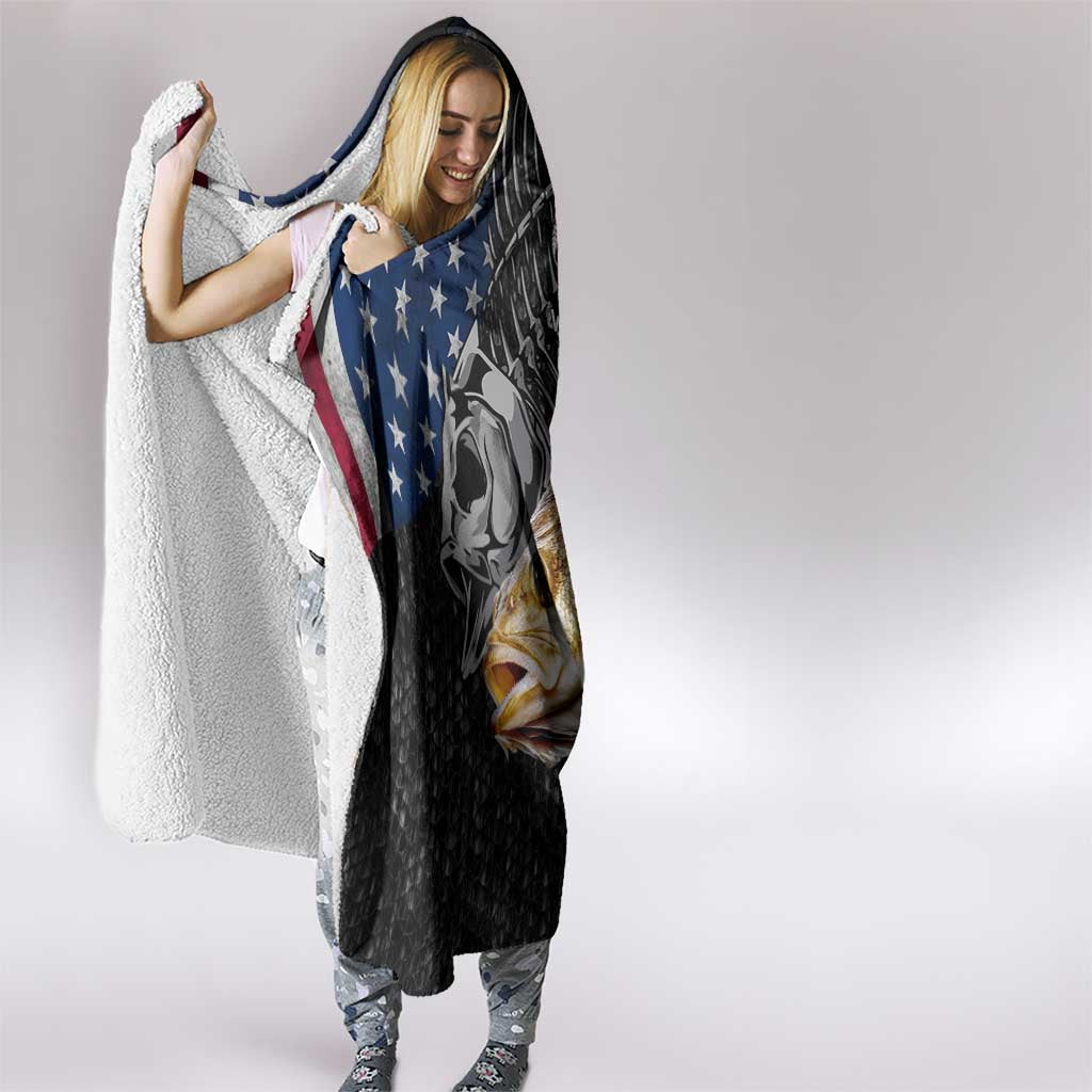 Walleye Fishing Skeleton Personalized Hooded Blanket Grunge American Flag and Realistic Fish Graphic - Wonder Print Shop