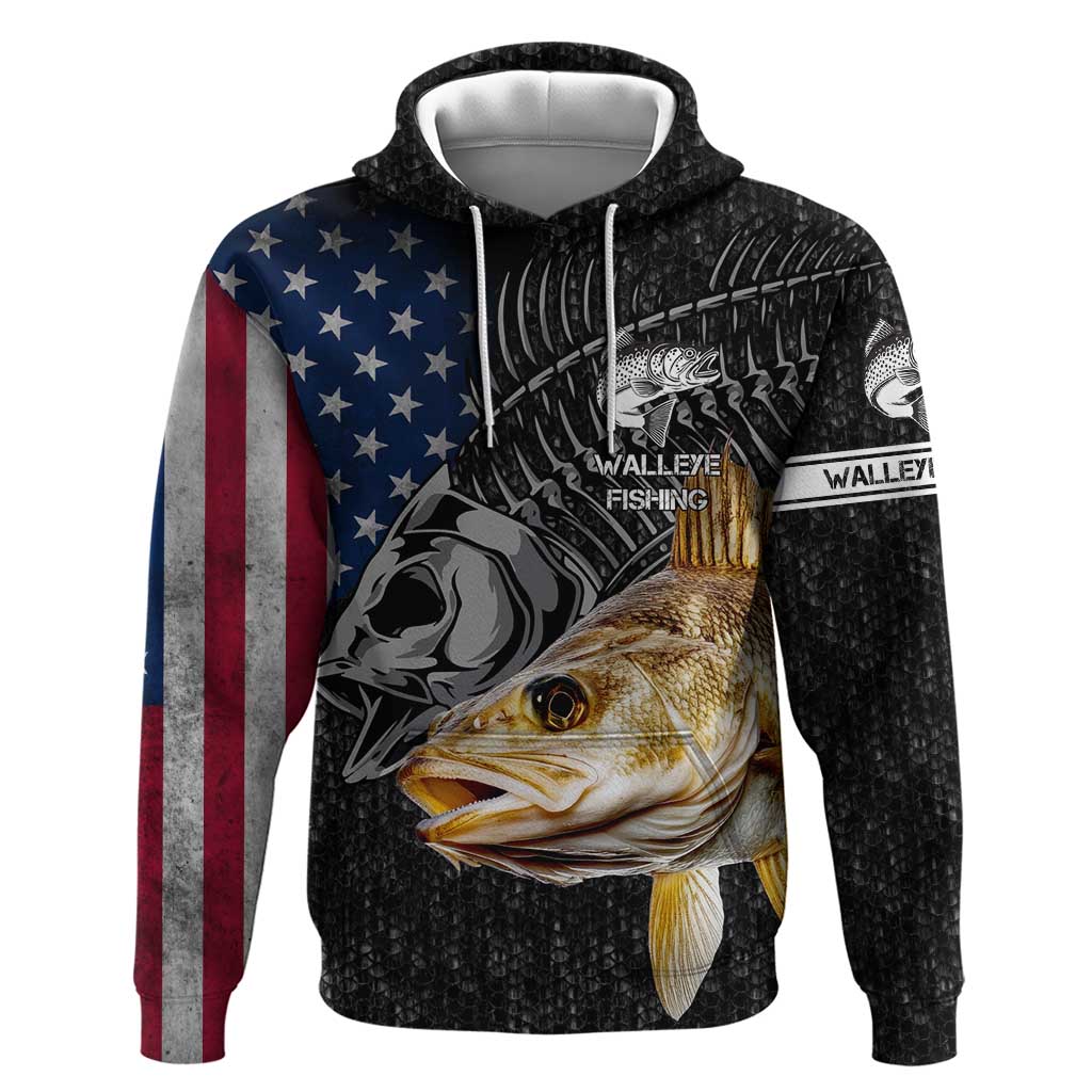 Walleye Fishing Skeleton Personalized Hoodie Grunge American Flag and Realistic Fish Graphic - Wonder Print Shop