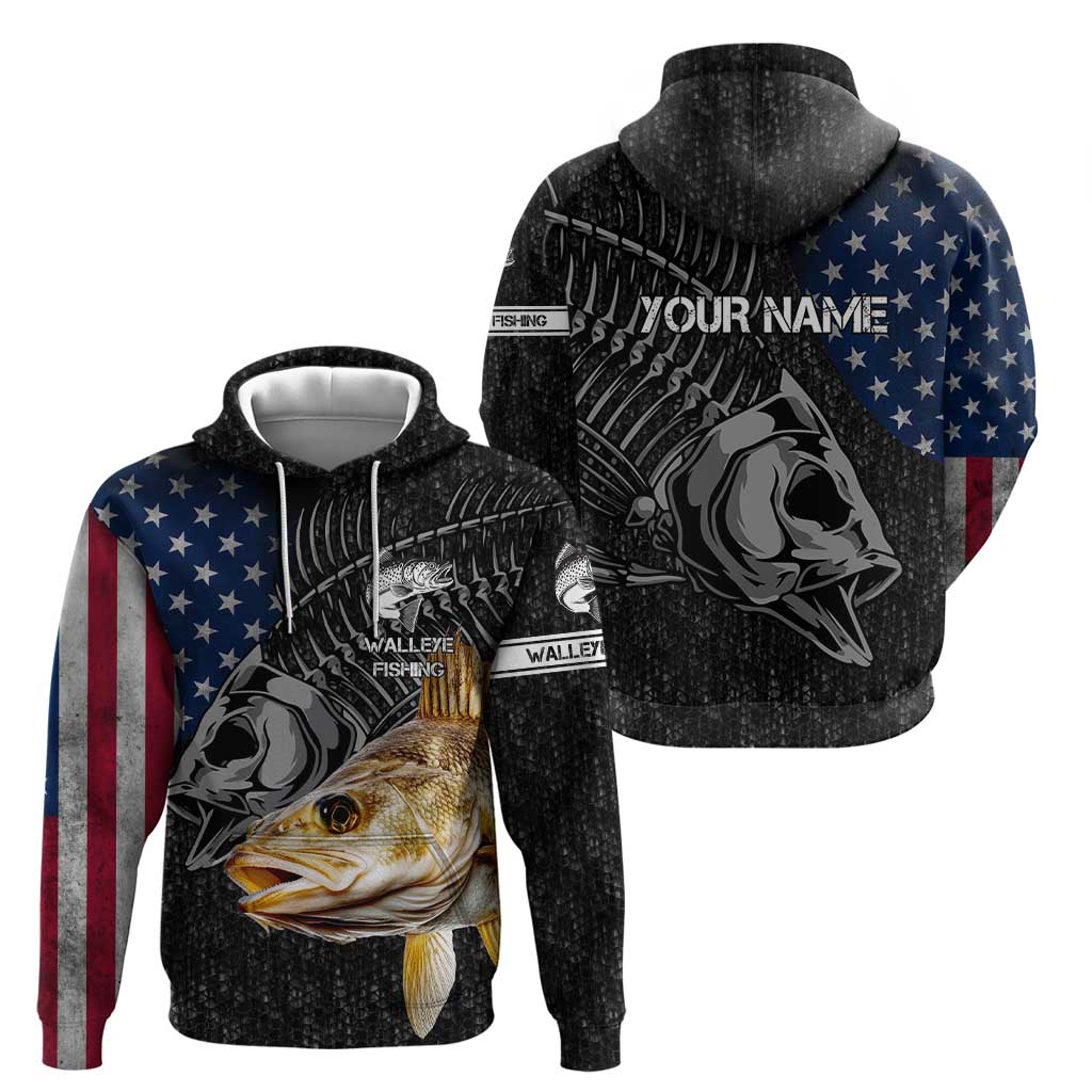 Walleye Fishing Skeleton Personalized Hoodie Grunge American Flag and Realistic Fish Graphic - Wonder Print Shop
