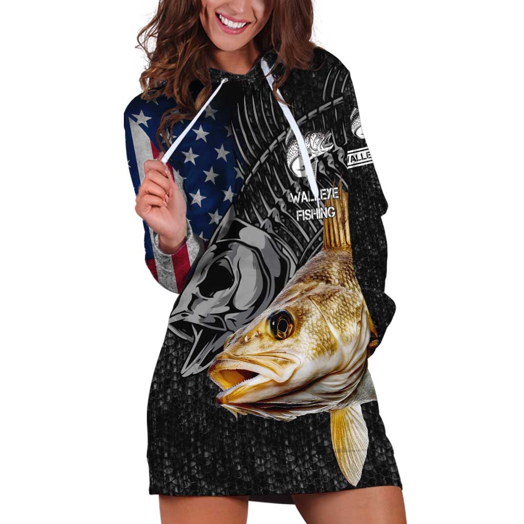 Walleye Fishing Skeleton Personalized Hoodie Dress Grunge American Flag and Realistic Fish Graphic - Wonder Print Shop