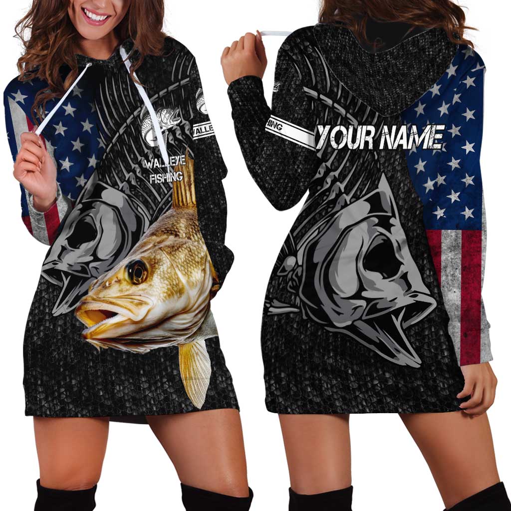 Walleye Fishing Skeleton Personalized Hoodie Dress Grunge American Flag and Realistic Fish Graphic - Wonder Print Shop