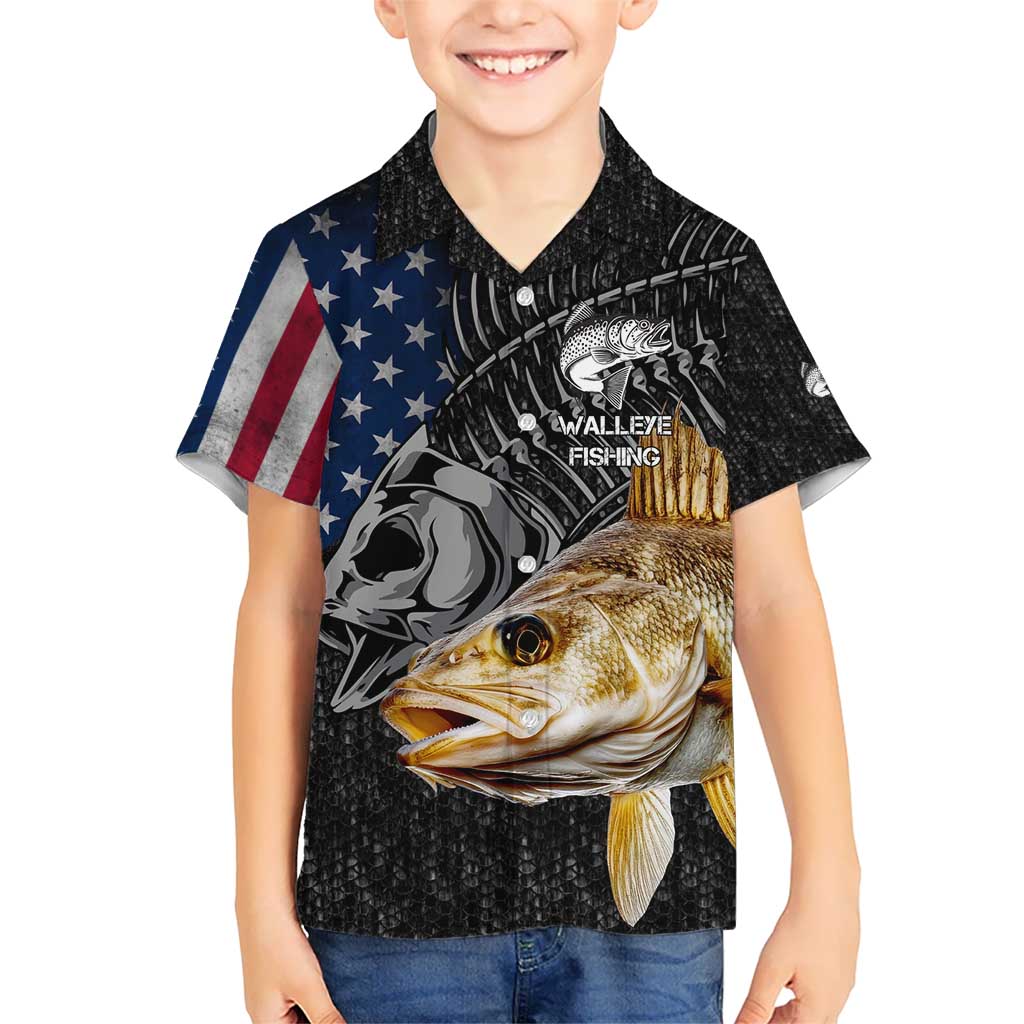 Walleye Fishing Skeleton Personalized Kid Hawaiian Shirt Grunge American Flag and Realistic Fish Graphic - Wonder Print Shop