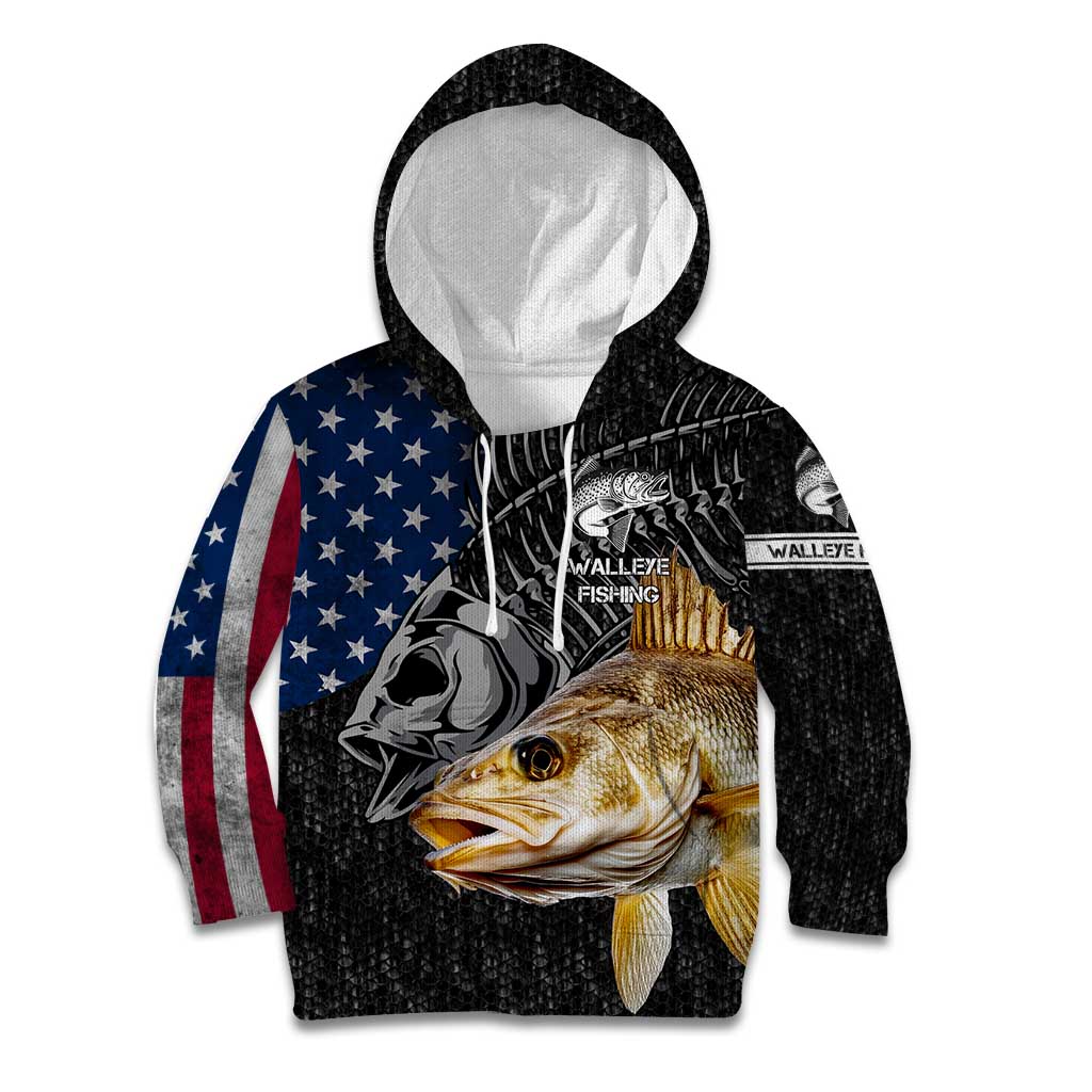 Walleye Fishing Skeleton Personalized Kid Hoodie Grunge American Flag and Realistic Fish Graphic - Wonder Print Shop