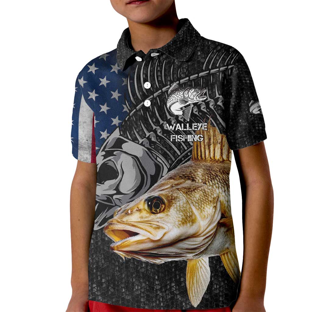 Walleye Fishing Skeleton Personalized Kid Polo Shirt Grunge American Flag and Realistic Fish Graphic - Wonder Print Shop