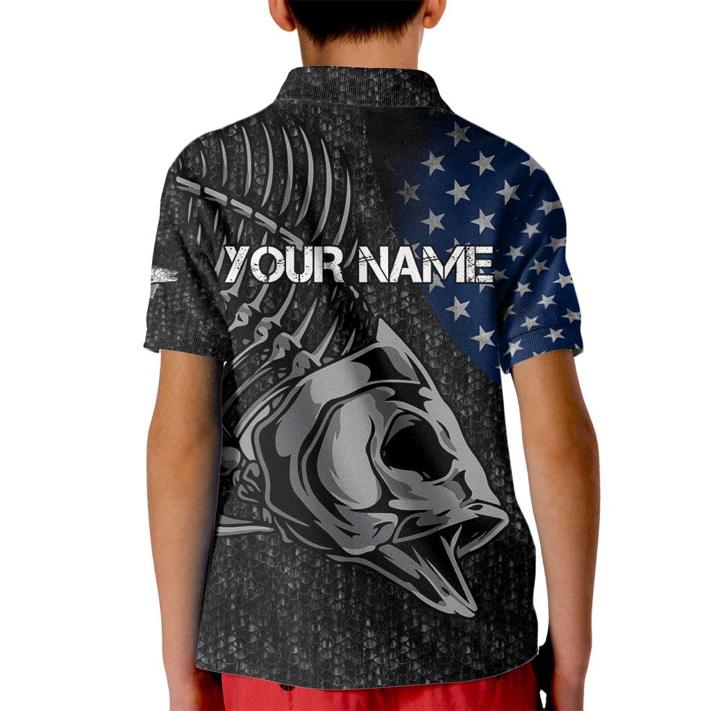 Walleye Fishing Skeleton Personalized Kid Polo Shirt Grunge American Flag and Realistic Fish Graphic - Wonder Print Shop