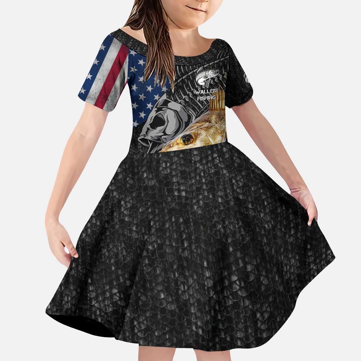 Walleye Fishing Skeleton Personalized Kid Short Sleeve Dress Grunge American Flag and Realistic Fish Graphic - Wonder Print Shop