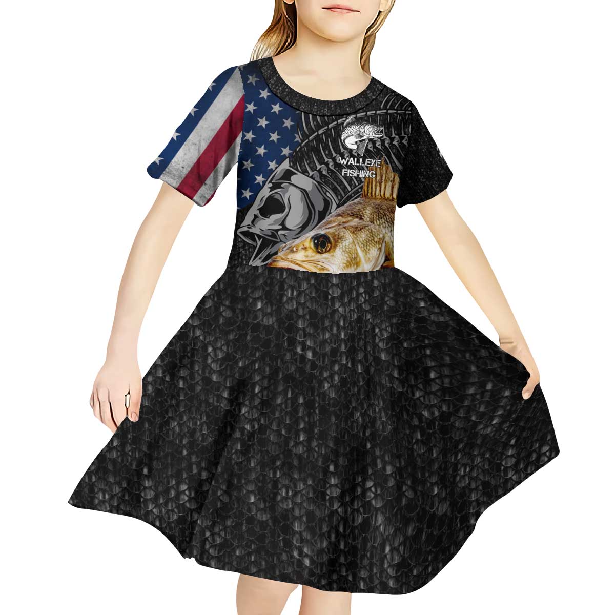 Walleye Fishing Skeleton Personalized Kid Short Sleeve Dress Grunge American Flag and Realistic Fish Graphic - Wonder Print Shop